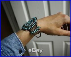 Vintage Native American Zuni Turquoise Sterling Cluster Cuff Bracelet Large Size