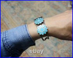 Vintage Native American Zuni Turquoise Sterling Silver Flower Cuff Bracelet