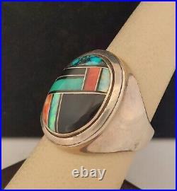 Vintage Native American, Zuni signed VM Multi Gem Inlay Ring Size 9.5