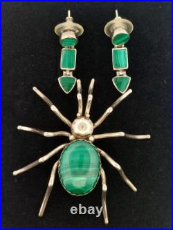 Vintage Native American by Evelyn Spencer, Navajo Sterling Malachite Set Spider