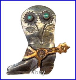 Vintage Native American sterling silver copper & turquoise floral boot brooch