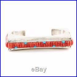 Vintage Native Hopi Sterling Silver Corn Maize Row Turquoise Coral Cuff Bracelet