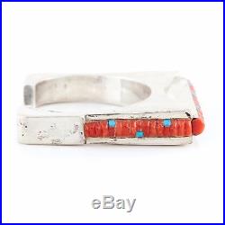Vintage Native Hopi Sterling Silver Corn Maize Row Turquoise Coral Cuff Bracelet