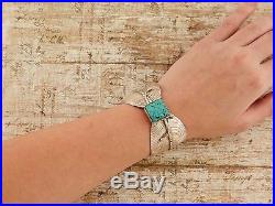 Vintage Native Navajo Sterling Silver #8 Turquoise Acoya Feather Cuff Bracelet