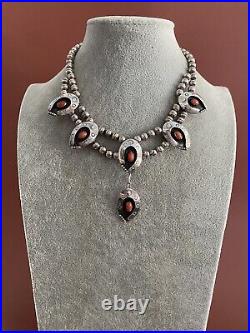 Vintage Native Sterling Silver Coral Squash Blossom Necklace