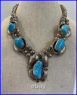 Vintage Native Sterling Silver Turquoise Squash Blossom Necklace Signed
