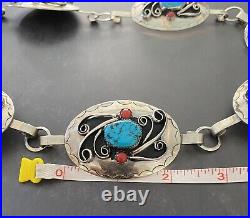 Vintage Native Sterling Silver Turquoise and Coral Concho Belt 323.47 Grams