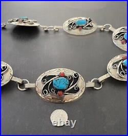 Vintage Native Sterling Silver Turquoise and Coral Concho Belt 323.47 Grams