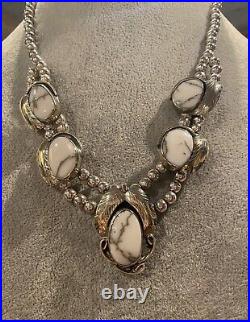 Vintage Native Sterling Silver White Buffalo Turquoise Squash Blossom Necklace