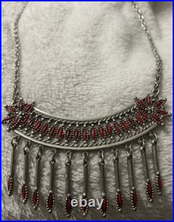 Vintage Native Style Needlepoint Coral Necklace. Not Real Silver. Fashion Only