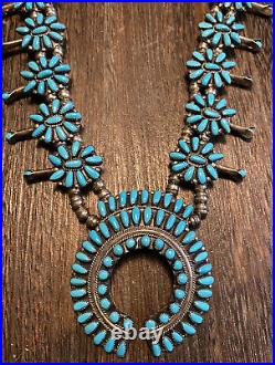 Vintage Native Zuni Sterling Petit Point Squash Blossom Turquoise Necklace