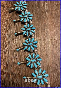 Vintage Native Zuni Sterling Petit Point Squash Blossom Turquoise Necklace