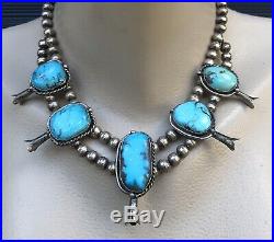Vintage Navajo 16 Silver & Turquoise 5 Drop Squash Blossom Choker Necklace