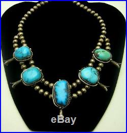 Vintage Navajo 16 Silver & Turquoise 5 Drop Squash Blossom Choker Necklace