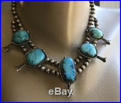 Vintage Navajo 16 Silver & Turquoise 5 Drop Squash Blossom Choker Necklace