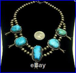 Vintage Navajo 16 Silver & Turquoise 5 Drop Squash Blossom Choker Necklace