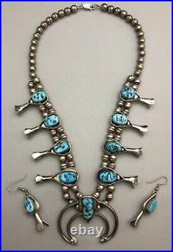 Vintage Navajo. 925 Sterling Silver & Turquoise Native Squash Blossom Necklace