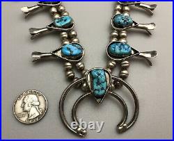 Vintage Navajo. 925 Sterling Silver & Turquoise Native Squash Blossom Necklace