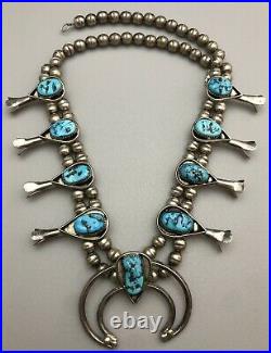 Vintage Navajo. 925 Sterling Silver & Turquoise Native Squash Blossom Necklace