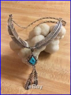 Vintage Navajo AL YAZZ Sterling Silver Large Feather Turquoise Necklace 925