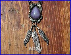 Vintage Navajo Agate Stone Sterling Silver Women's Feathers Leaf Necklace