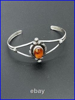 Vintage Navajo Amber Sterling Signed Marie B Cuff Bracelet