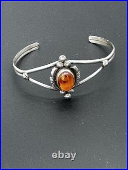Vintage Navajo Amber Sterling Signed Marie B Cuff Bracelet