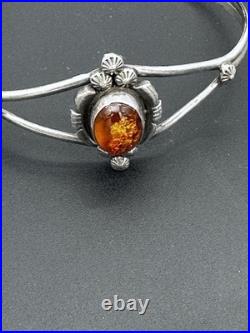 Vintage Navajo Amber Sterling Signed Marie B Cuff Bracelet
