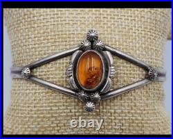 Vintage Navajo Amber Sterling Signed Marie B Cuff Bracelet