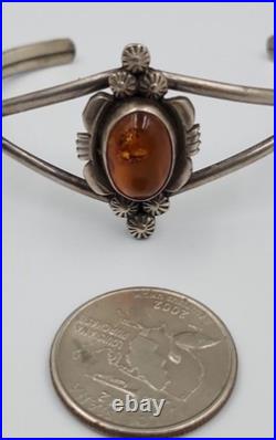 Vintage Navajo Amber Sterling Signed Marie B Cuff Bracelet