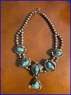 Vintage Navajo Bisbee Turquoise Sterling Silver Squash Blossom Old Pawn Necklace