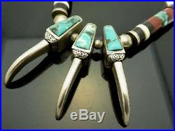 Vintage Navajo Blue Turquoise Sterling Bear Claw Black Jet Heishi Necklace 17.5