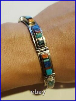 Vintage Navajo CALVIN BEGAY Multi-stone Inlay Sterling Silver Link Bracelet