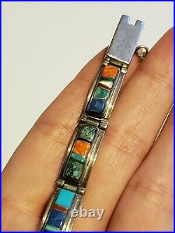 Vintage Navajo CALVIN BEGAY Multi-stone Inlay Sterling Silver Link Bracelet