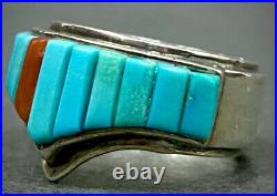 Vintage Navajo Cathy Webster Sterling Silver Turquoise Cornrow Inlay Ring MINT