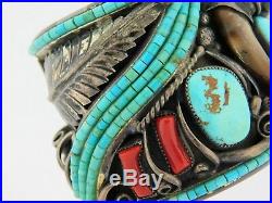Vintage Navajo Darrell Victor Bear Claw Turquoise Red Coral. 925 Cuff 223g