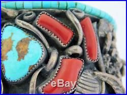 Vintage Navajo Darrell Victor Bear Claw Turquoise Red Coral. 925 Cuff 223g