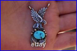 Vintage Navajo Dual Signed Blue Turquoise Sterling Eagle Pendant Necklace