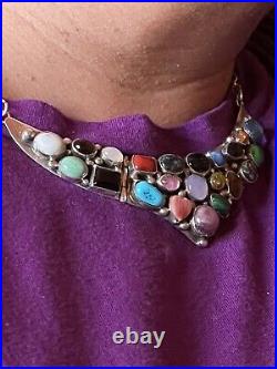 Vintage Navajo Emer Thompson Colorful Sterling Silver 22 Stone Choker/necklace