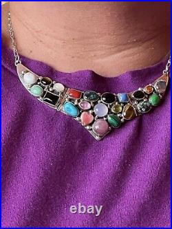 Vintage Navajo Emer Thompson Colorful Sterling Silver 22 Stone Choker/necklace