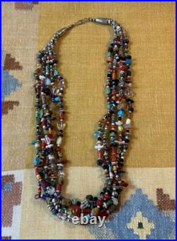 Vintage Navajo Five Strand Gemstone Stone Bead Treasure Necklace, 22 1/4
