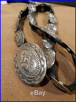 Vintage Navajo Hand Stamped Sterling Silver Concho & Leather Belt 19 Conchos