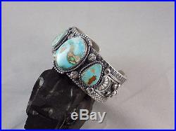 Vintage Navajo Handmade Royston Turquoise 3 Stone Bracelet In Sterling Silver