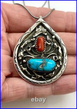 Vintage Navajo Handmade Sterling Silver Turquoise Coral Pendant Necklace