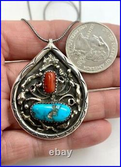 Vintage Navajo Handmade Sterling Silver Turquoise Coral Pendant Necklace