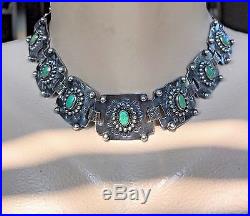 Vintage Navajo Harvey Era Green Turquoise Stamped Choker Necklace & Bracelet