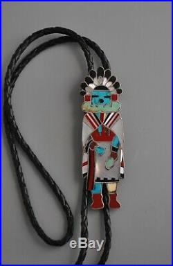 Vintage Navajo Indian Bolo Tie 3.5 Tall Silver Inlay Kachina