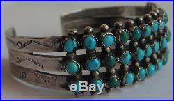 Vintage Navajo Indian Silver Green Blue Snake Eye Turquoise Three Row Bracelet