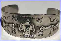 Vintage Navajo Indian Silver Thunderbird & Snakes Cuff Bracelet