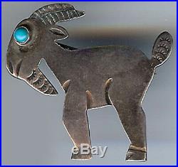 Vintage Navajo Indian Silver Turquoise Eye Billy Goat Pin Brooch